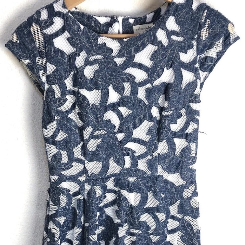 Maison Jules Navy White Midi Lace Stretch Overlay Flared Dress Size XS